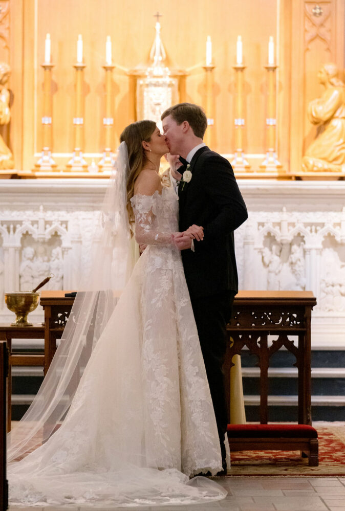 Caroline Hoffman in Misha gown with matching topper and veil